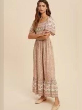 In Bloom Beige Floral Off-Shoulder Maxi Dress